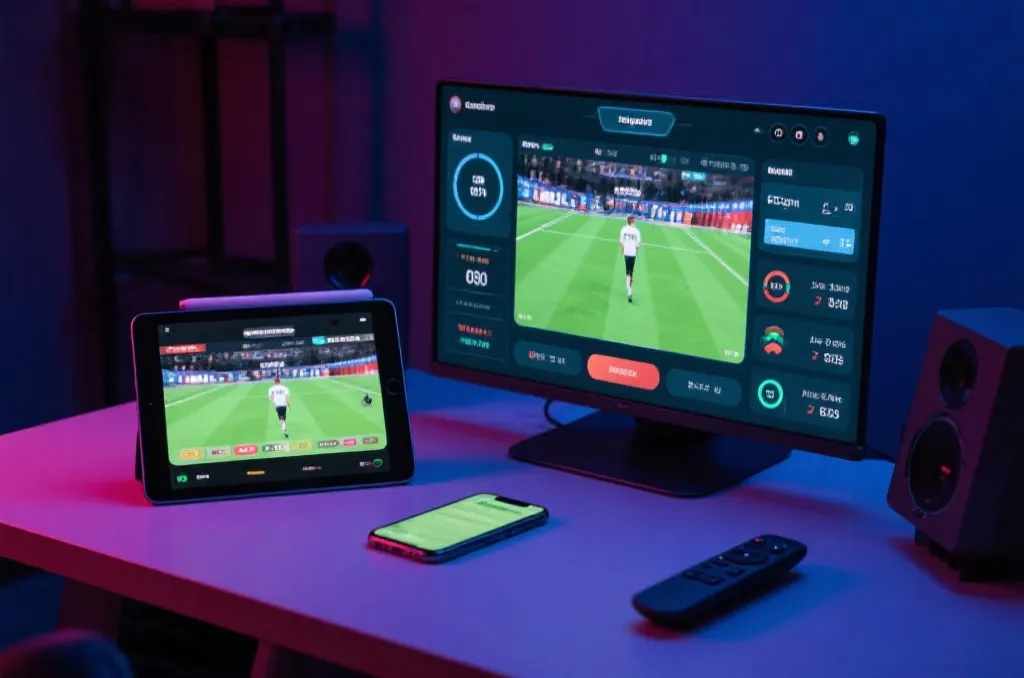 桌面上的多设备观赛与比赛数据分析界面