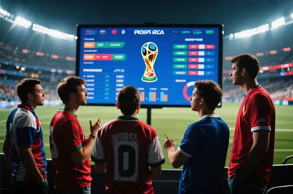 球迷在数据面板前讨论世界杯夺冠热门的现代化场景